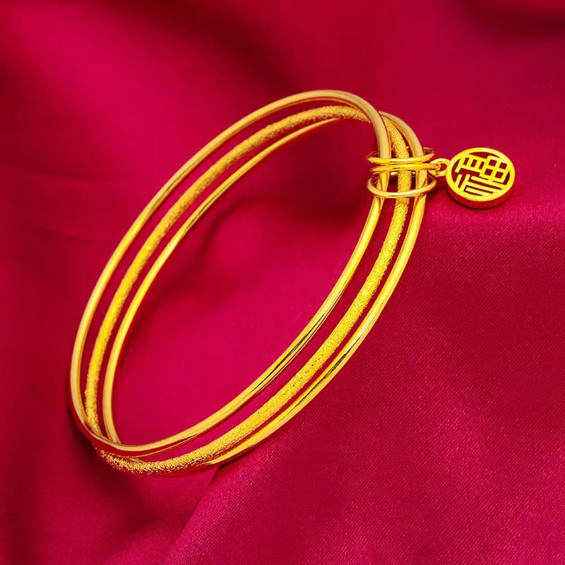 Bracciale da Donna con Campana a Tre Anelli con Carattere di Fortuna, in Lega di Rame Placcata Oro 18K, Design Originale