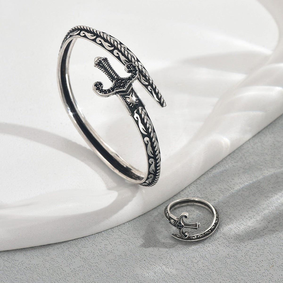 Vintage Style Cross Pendant and Bracelet Ring Set in Alloy with Plated Finish for Women