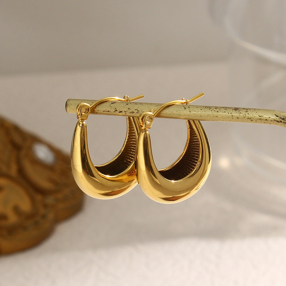 Fashionable Geometric Stainless Steel Hollow Polished U-Shaped Hoop Earrings for Women