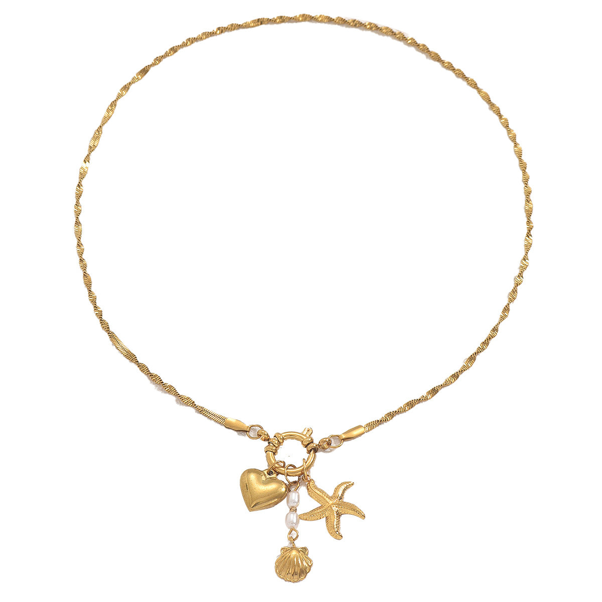 Collana da donna con conchiglia geometrica e intarsi in perle, con ciondolo in rame su catena standard