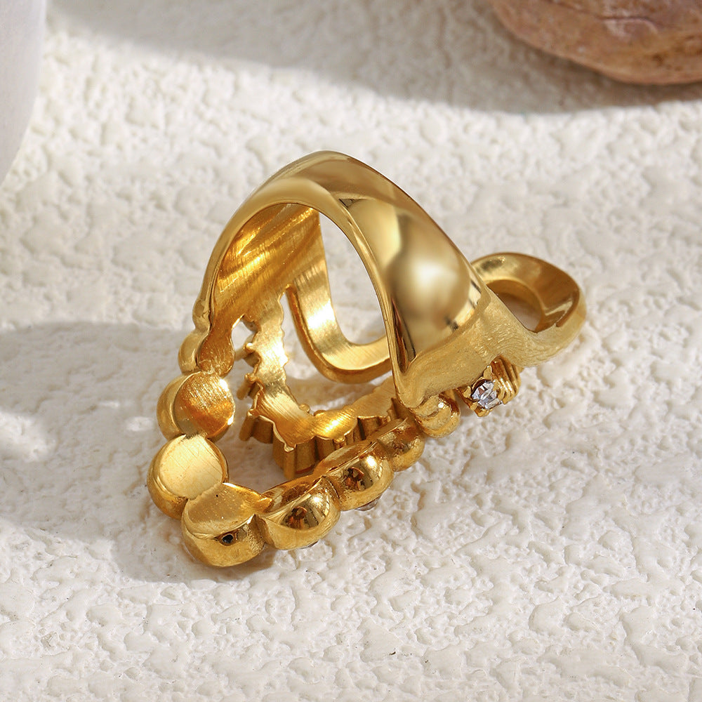 Minimalist Wave-Shaped Stainless Steel Ring with 18K Gold Plating and Zircon Accents for Women