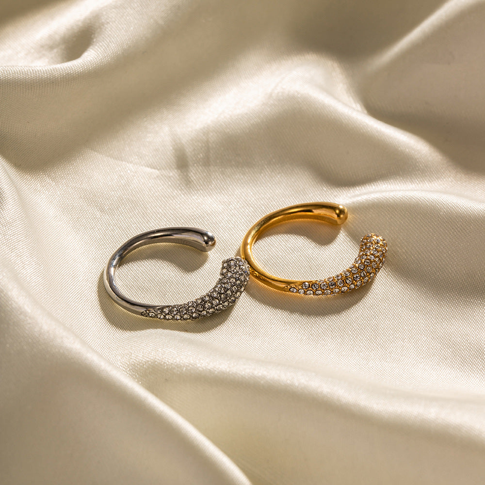 INS Style Geometric Stainless Steel Ring with 18K Gold Plating and White Rhinestone Inlay, Adjustable Open Band for Women
