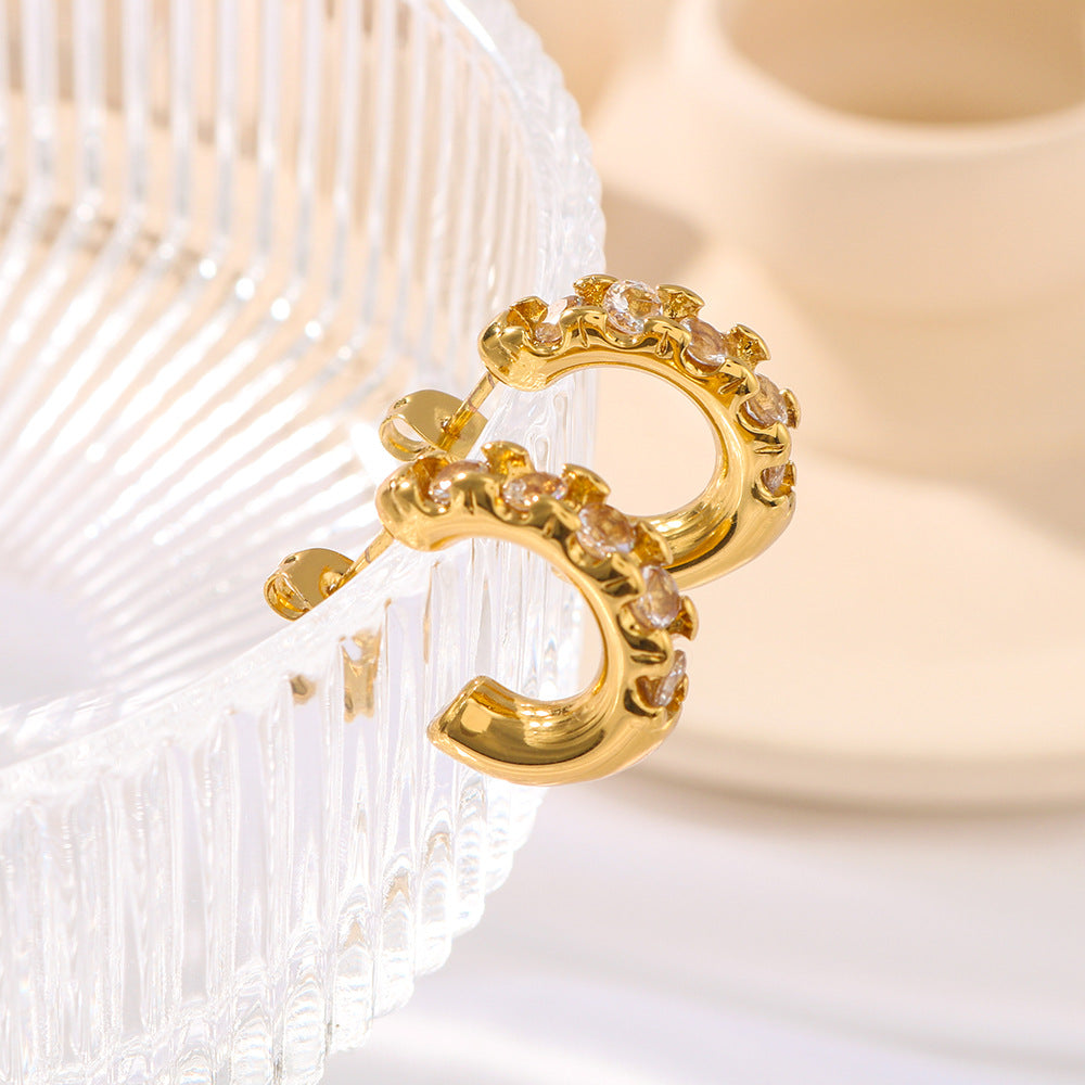 Geometric Stainless Steel Earrings with 18K Gold Plating and Cubic Zirconia Inlay for Women