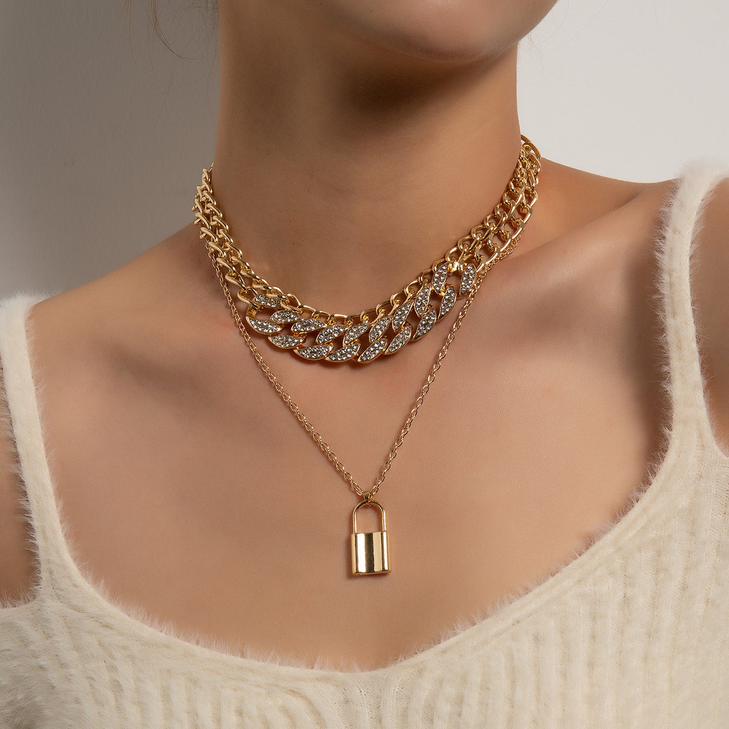 Geometric Alloy Lock Pendant Necklace for Women, Multi-Layer Rhinestone-Embedded Chain Jewelry, Elegant and Versatile