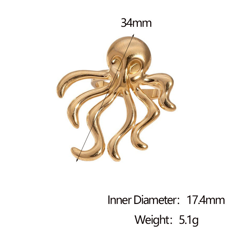 Minimalist 18K Gold Plated Stainless Steel Octopus Open Ring for Women