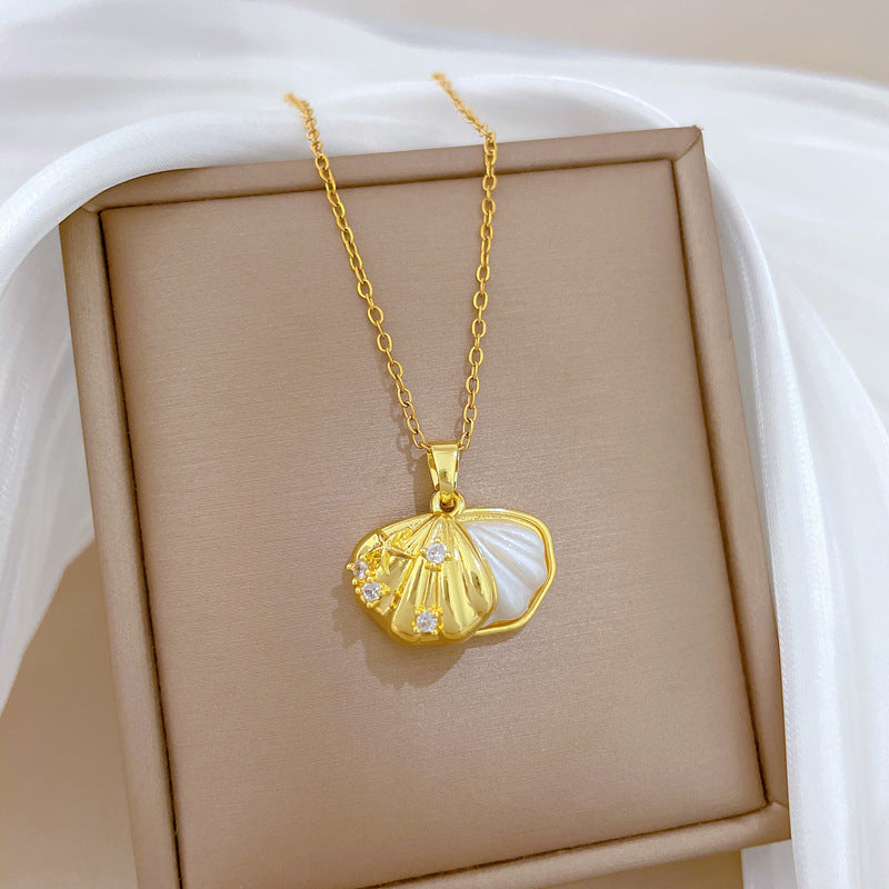 Sweet Minimalist Geometric Moon Pearl Shell Rhinestone Pendant Necklace Titanium Steel Cable Chain for Unisex