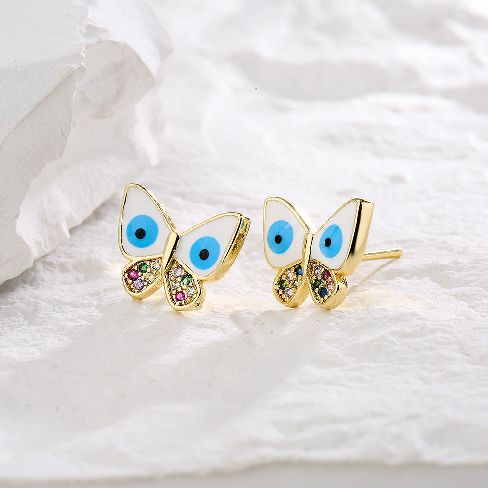 Orecchini a perno con farfalla geometrica alla moda, in rame, micro-pavé di zirconi e smalto, placcati oro 18K per donna