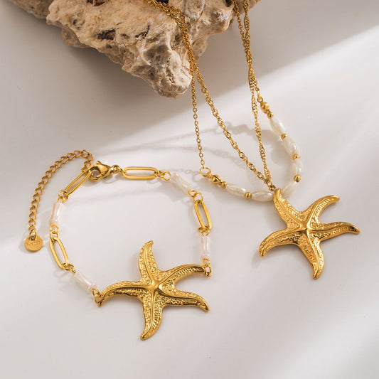 Collar con colgante de estrella de mar vintage de acero inoxidable con cadena de concha para mujer