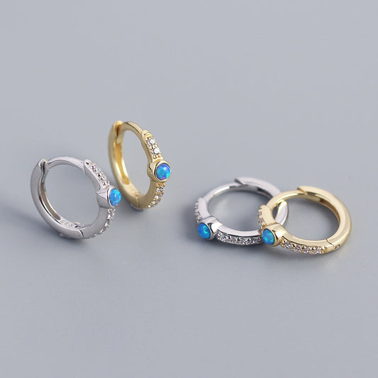 Elegantes pendientes de tuerca redondos de plata de ley 925 con incrustaciones de ópalo geométrico y circonitas cúbicas para mujer