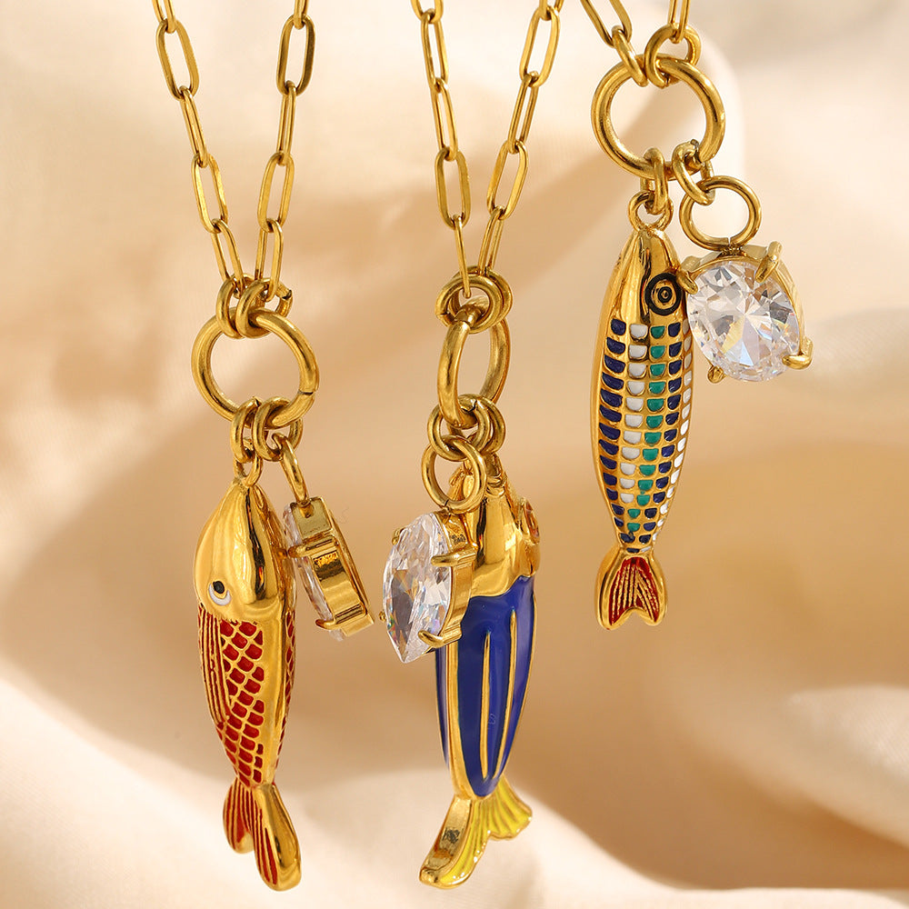 Elegant Luxury 18K Gold Plated Stainless Steel Drip Oil Fish Pendant Necklace with Cubic Zirconia for Women