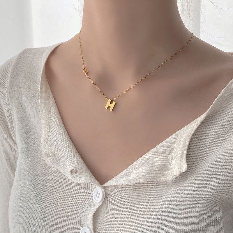 Minimalist Letter H Titanium Steel Necklace for Women with Plated Finish Snake Chain Style Locket Necklace