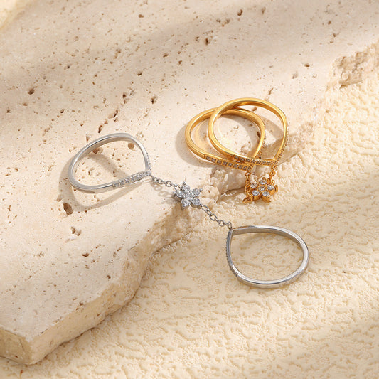 Elegant Minimalist 18K Gold Plated Stainless Steel Floral Double Layer Ring for Women
