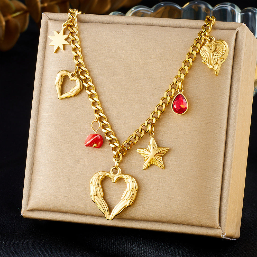Fashionable Hollow Heart and Star Pendant Necklace with Rhinestone Accents in Gold-Plated Stainless Steel for Women