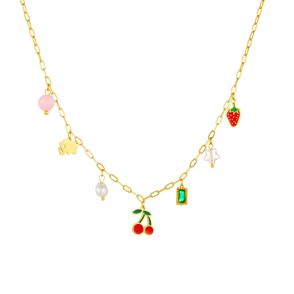 Sweet Drip Oil Stainless Steel Fruit Pendant Necklace with Pearl Cherry and Strawberry Elements for Women