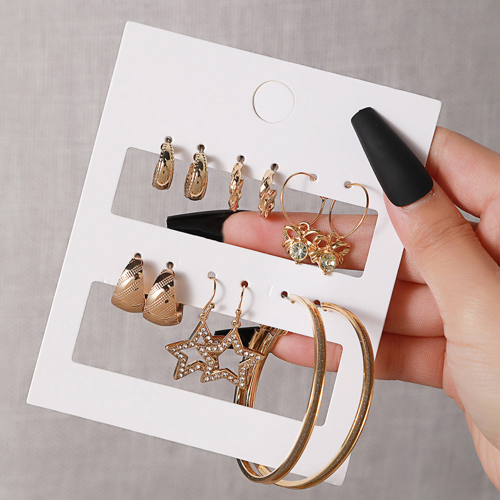 Minimalist Geometric Star Rhinestone Inlay Alloy Hoop Earrings Set