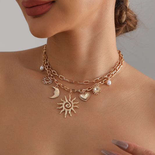 Vintage Ethnic Sunflower Heart Geometric Alloy Plated Necklace for Women