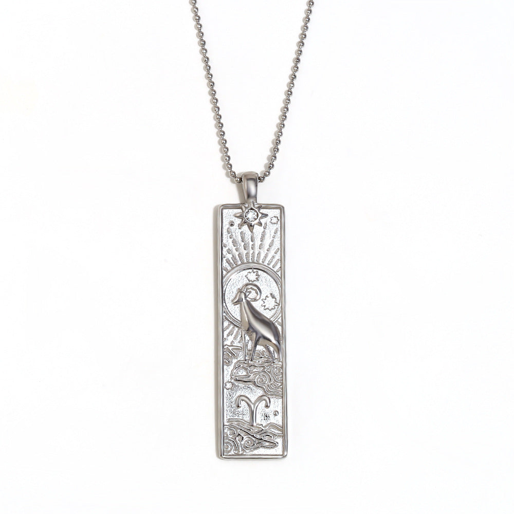 Vintage Geometric Zodiac Pendant Necklace for Women Stainless Steel with 18K Gold Plating Square Charm