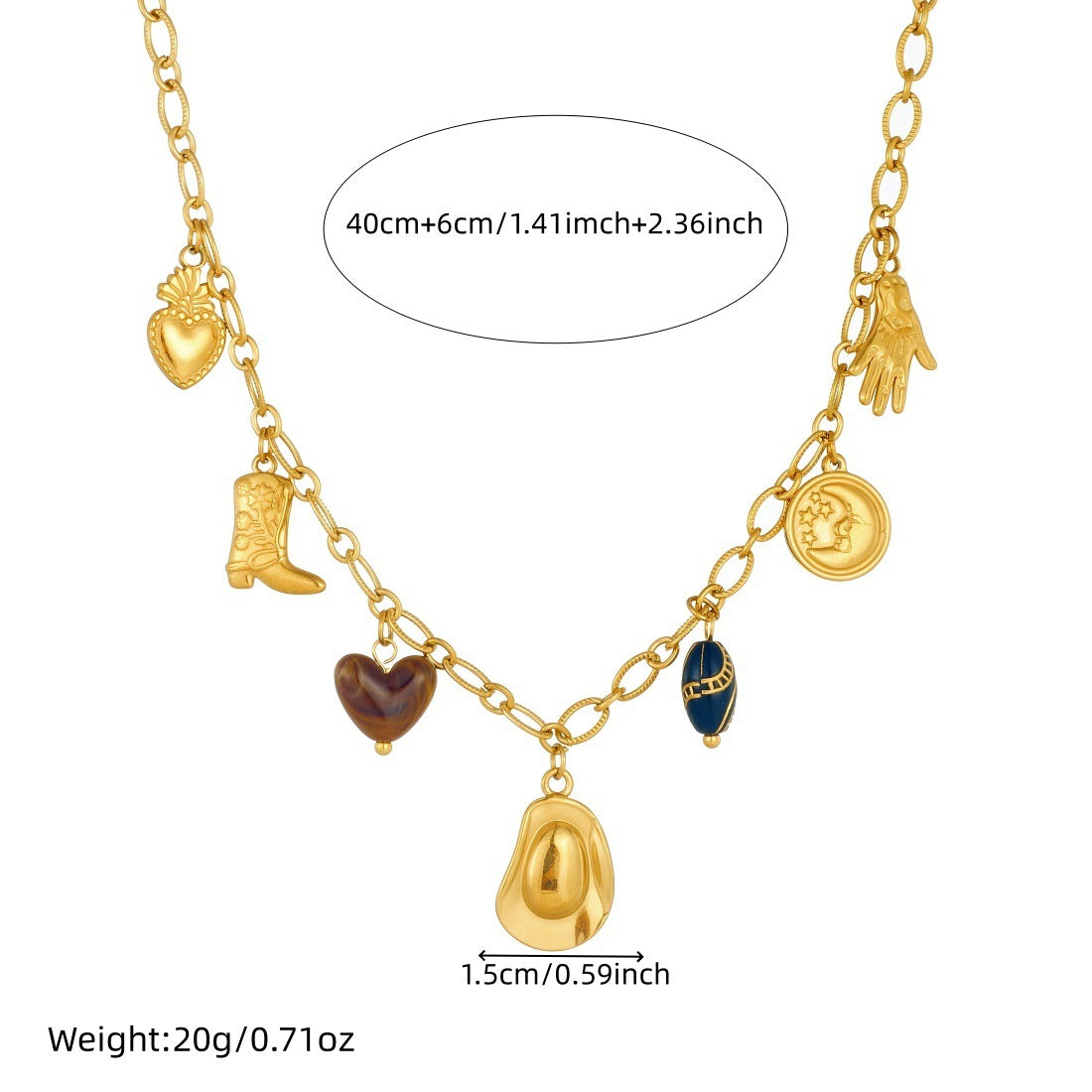 Vintage Gold Plated Stainless Steel Cowboy Hat Boot Round Moon Pendant Necklace for Women