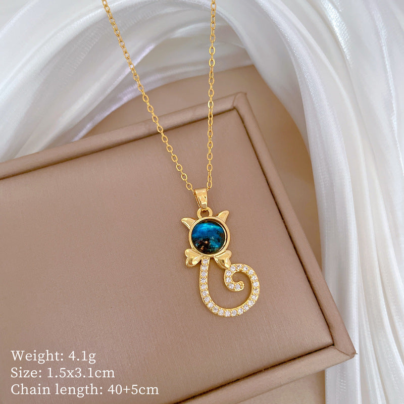 Sweet Elegant Cat Starry Sky Rhinestone Pendant Titanium Steel Cable Chain Necklace