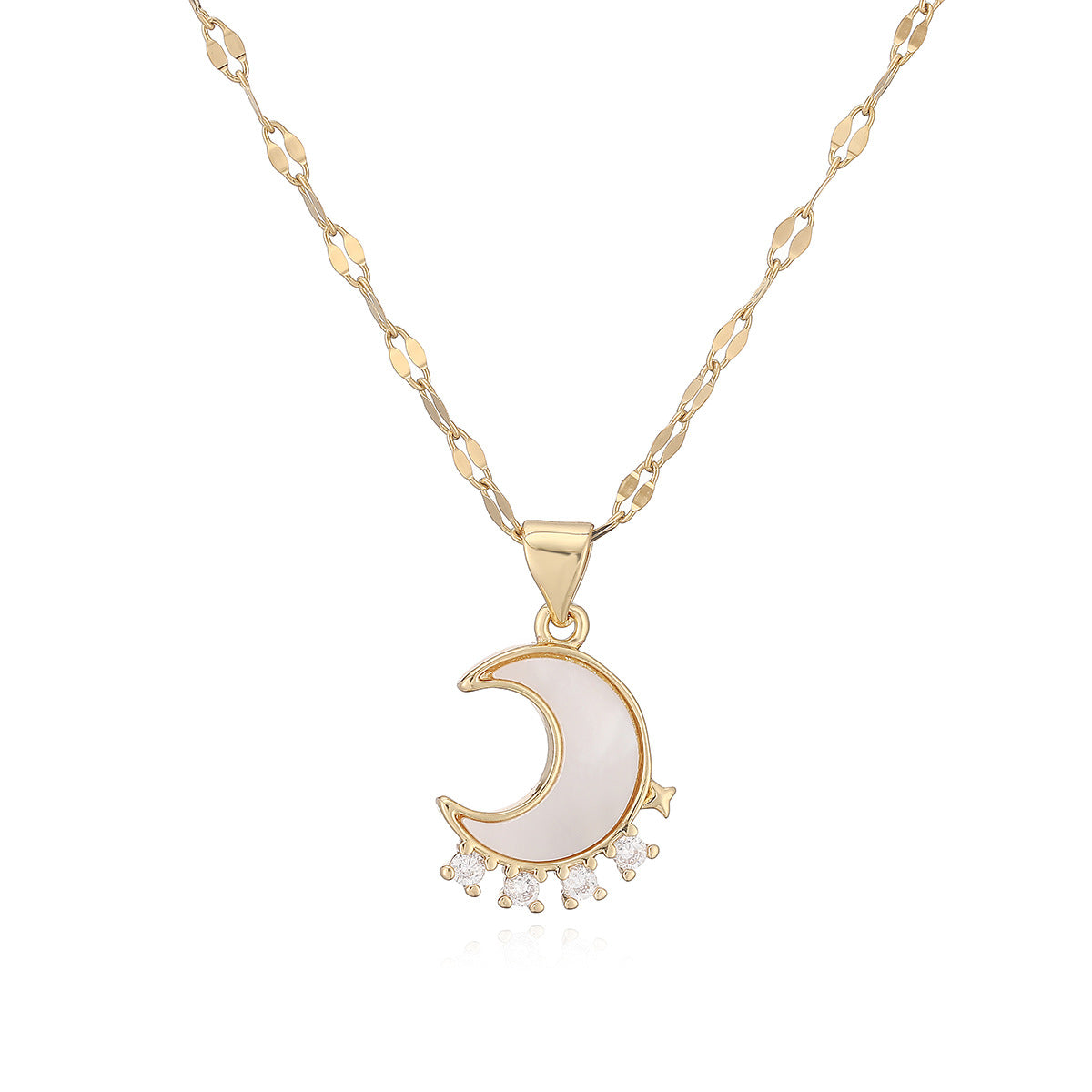 Minimalist Luxury 18K Gold Plated Brass Moon Geometric Pendant Necklace with Cubic Zirconia for Women