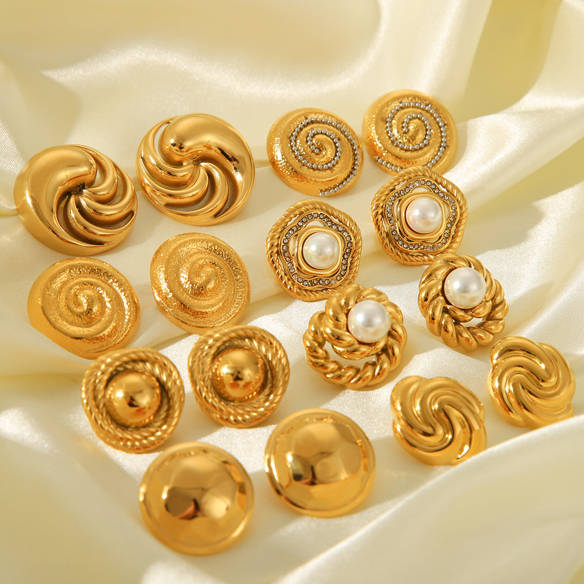 Geometric Spiral Swirl Titanium Steel Earrings with 18K Gold Plating and Pearl Accents for Women