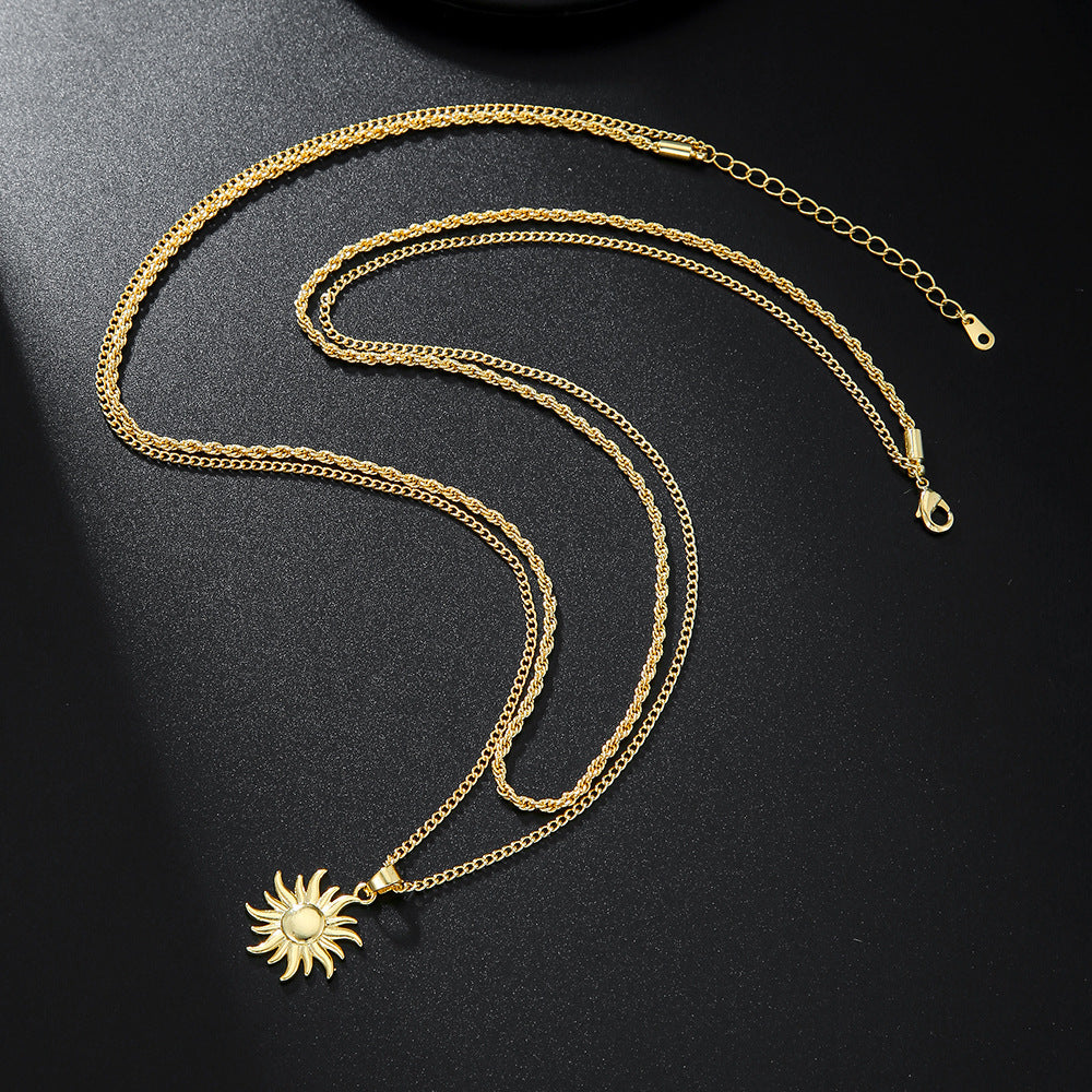 Minimalist Luxury Gold Plated Brass Geometric Sun Pendant Necklace Multi-layer Unisex