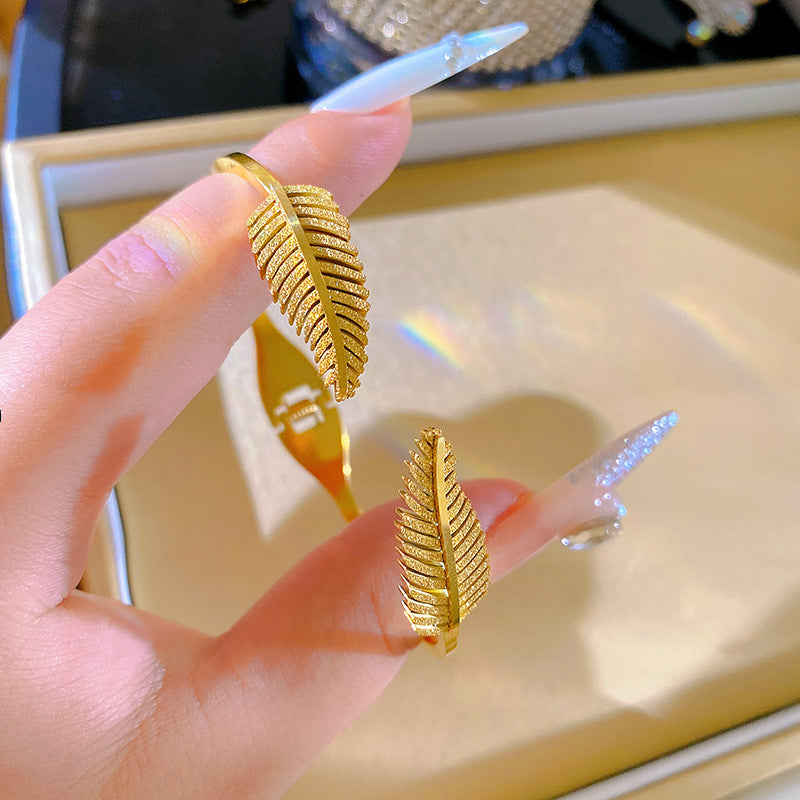 Minimalist Elegant Double Feather Open Cuff Titanium Steel Plated Bracelet