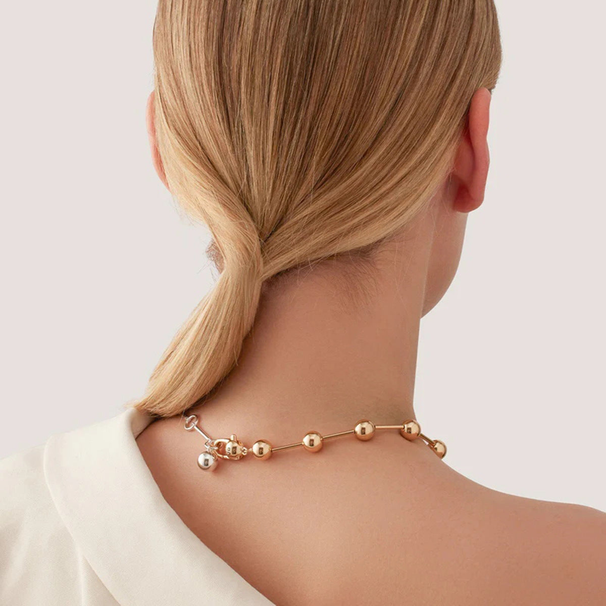 Punk Geometric Stainless Steel Beaded Choker Necklace with Gold and Silver Plated Accents for Women