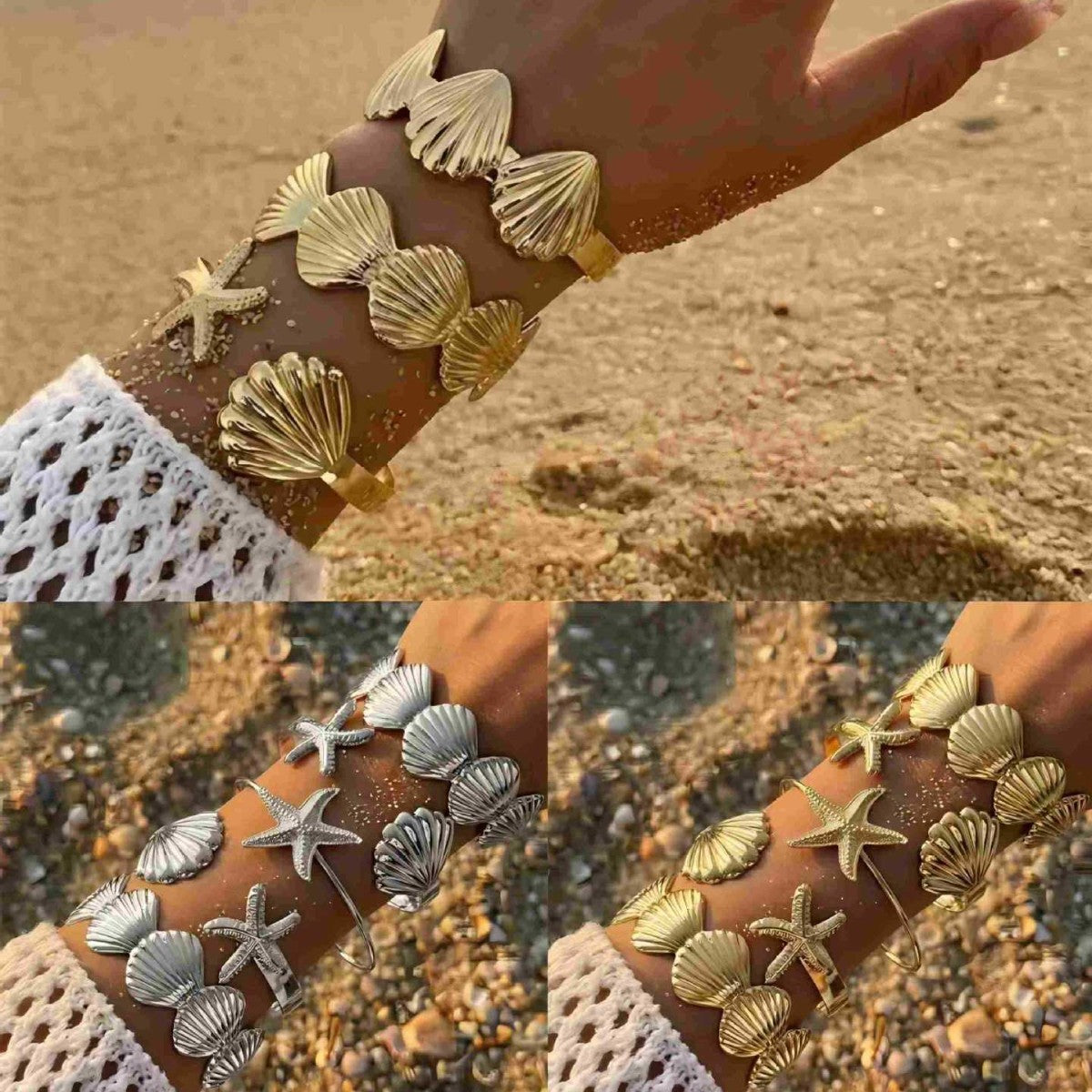 Gold Plated Alloy Geometric Starfish Shell Cuff Bracelet and Ring Set for Women