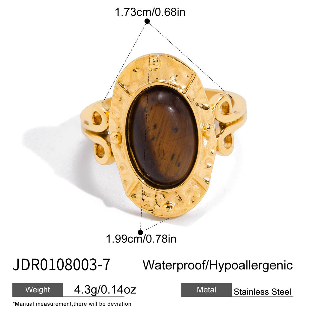 Fashion Geometric Round Tiger's Eye Stainless Steel Ring with 18K Gold PVD Finish for Women