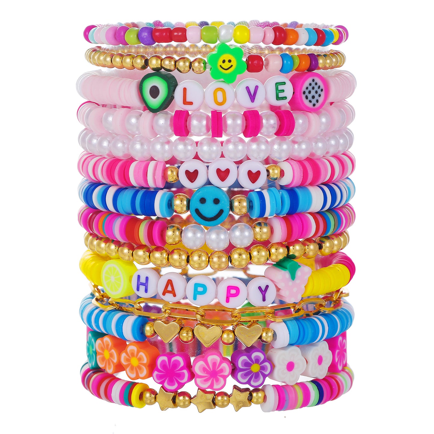 Bohemian Colorful Resin Drip Oil Round Geometric Smile Face Stacking Bracelet Set