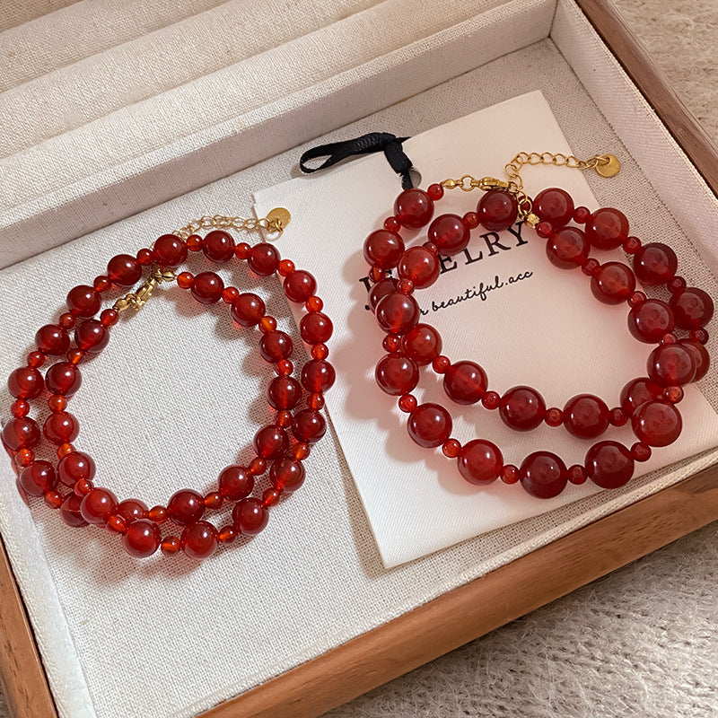 Sweet Sporty Red Beaded Rope Chain Necklace Titanium Steel Plated Adjustable Collarbone Chain for Women and Men