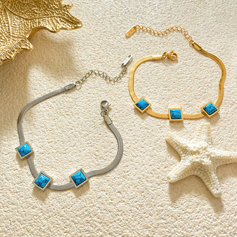 Minimalist Gold Plated Titanium Steel Square Bracelet with Three Turquoise Stones for Unisex