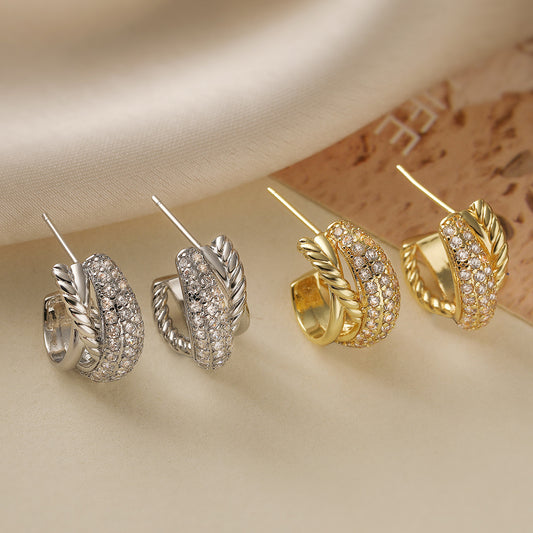 Pendientes de Cobre en Forma de C Geométrica con Chapado en Oro de 18K y Circonitas Microengastadas para Mujer