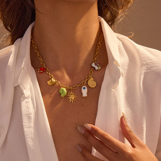 Fashionable Ocean-Themed Tassel Necklace with Seashell and Conch Pendant in Stainless Steel with Plated Finish for Women