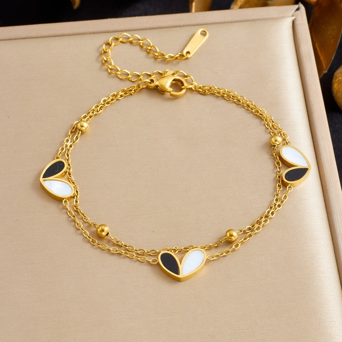 Minimalist Black and White Heart Stainless Steel Plated Necklace and Bracelet Set for Women