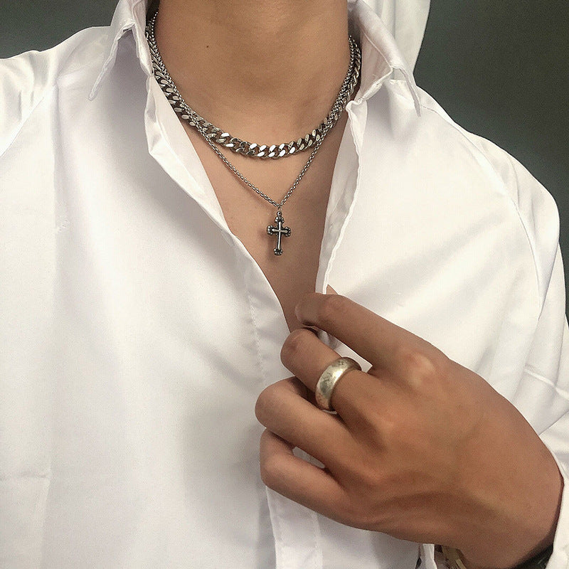 Minimalist Double-Layer Cross Pendant Necklace in Titanium Steel with Polished Finish for Men and Women