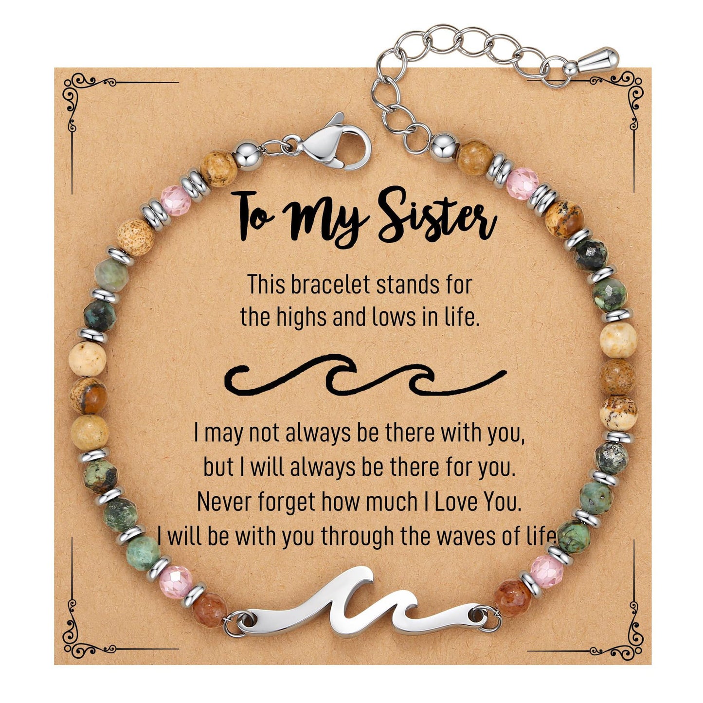 4mm Natural Stone Beaded Stainless Steel Wave Bracelet for Women