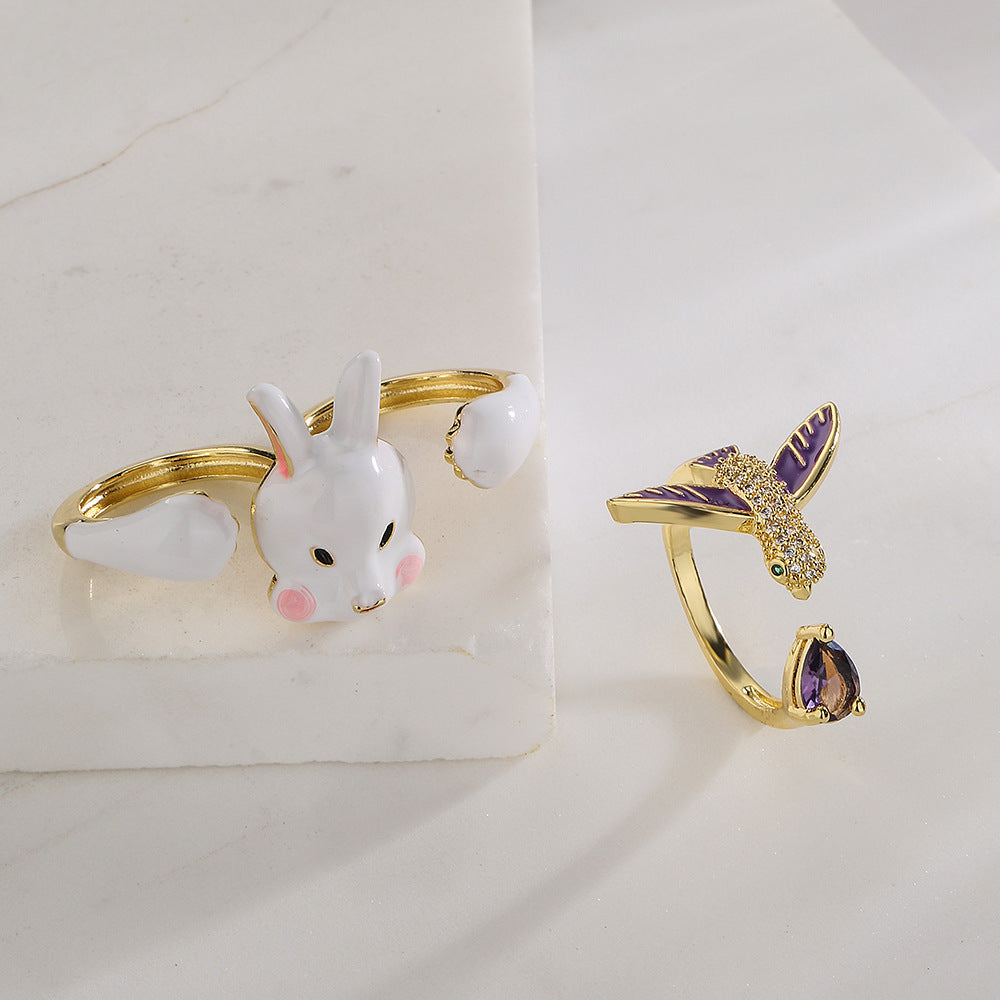 Creative 18K Gold Plated Brass Drip Oil Cubic Zirconia Animal Geometric Ring for Women