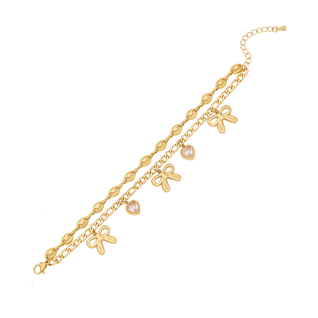 Bracciale Personalizzato a Doppio Strato in Acciaio Inossidabile con Fiocco, Stella, Luna e Cuore, con Intarsio di Strass e Design a Catena a Naso di Maiale per Donna