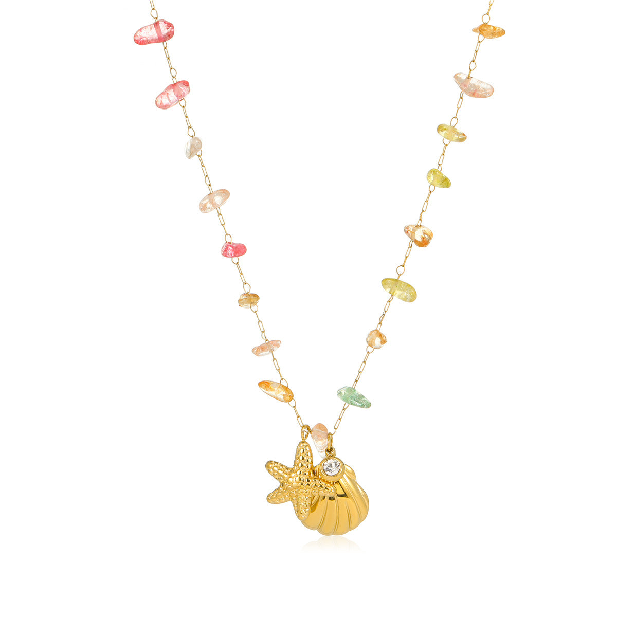 Collar con colgante de estrella de mar y concha estilo vacacional de acero inoxidable con chapado en oro de 18 quilates e incrustaciones de piedras naturales y circonitas coloridas para mujer