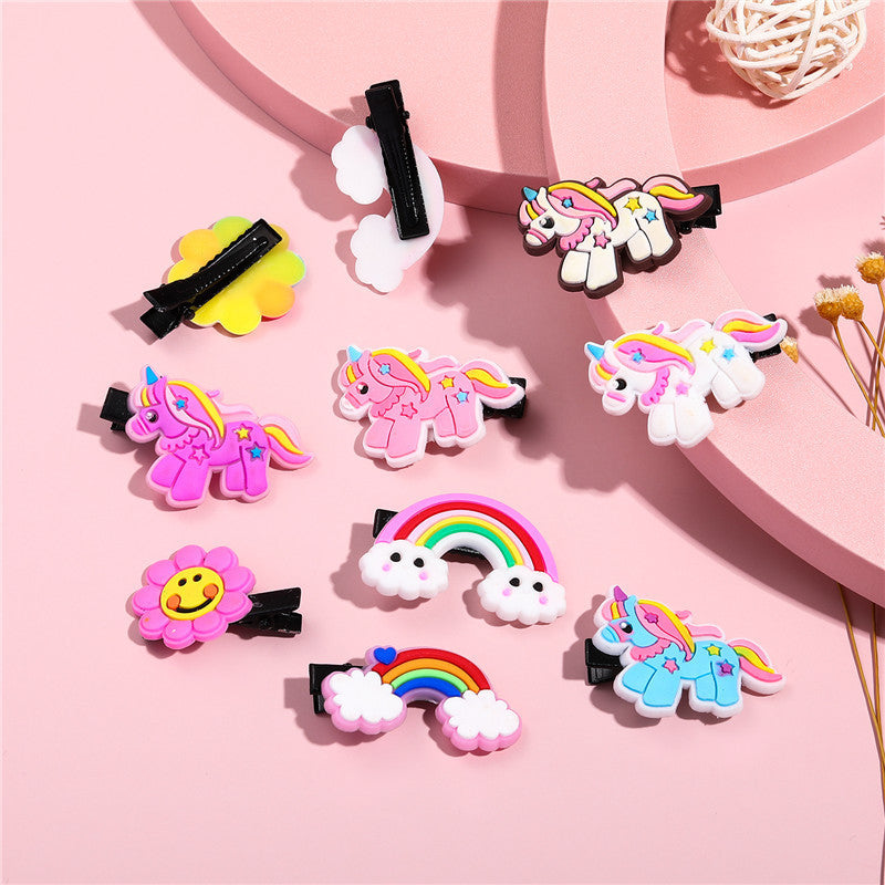 Cartoon Floral Unicorn Rainbow Hair Clip for Kids Silicone One-Step Hair Clamp with Handmade Finish