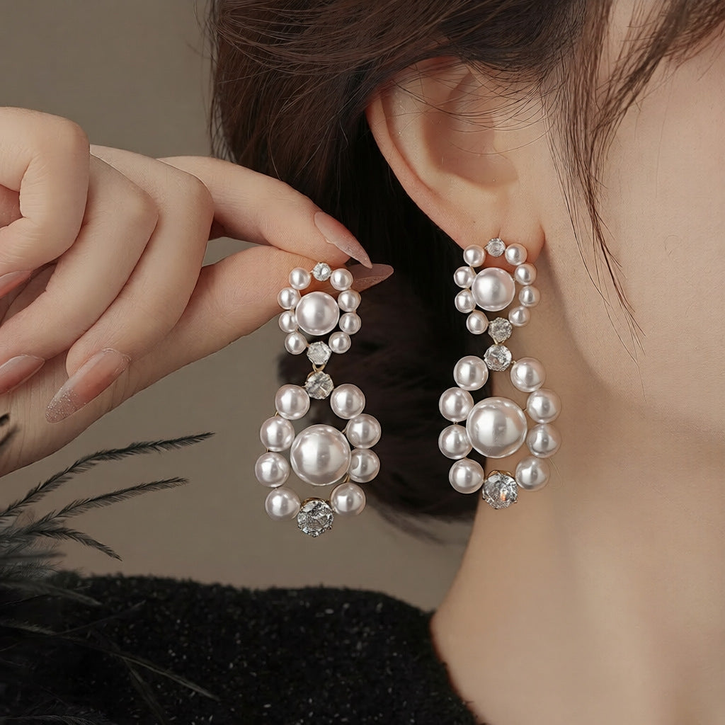 Orecchini a perno geometrici placcati in stile vintage francese per donna con perla simulata e perni in acciaio inossidabile