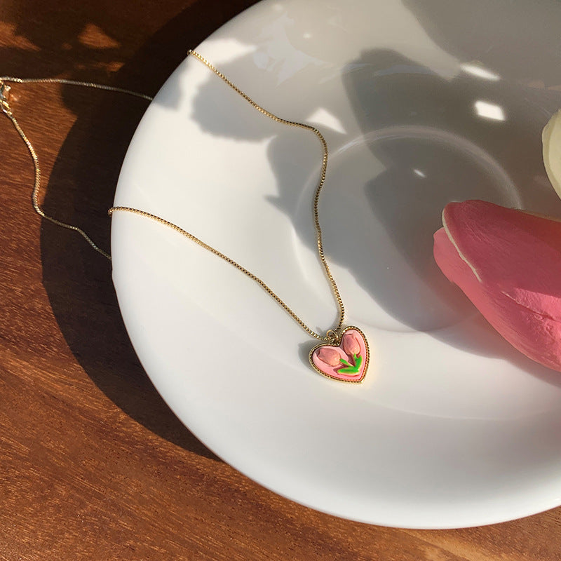 Sweet Minimalist Pink Tulip Heart Titanium Steel Plated Necklace for Women Box Chain
