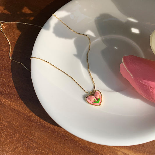 Sweet Minimalist Pink Tulip Heart Titanium Steel Plated Necklace for Women Box Chain