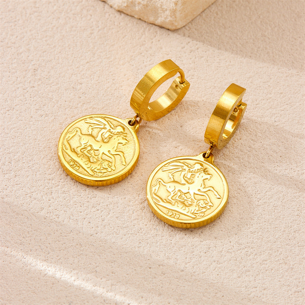 Collana con Pendente Rotondo Vintage a Figura Umana Astratta in Acciaio Inossidabile con Placcatura Oro