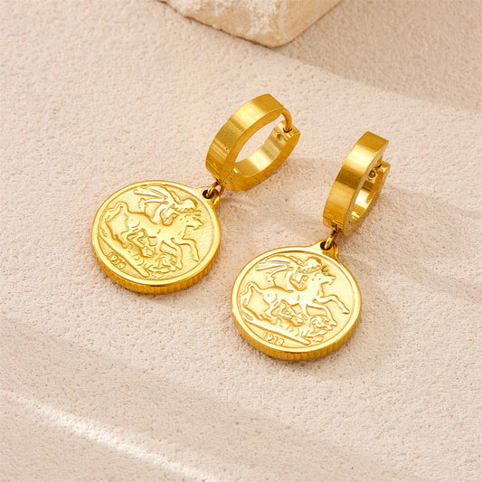 Collana con Pendente Rotondo Vintage a Figura Umana Astratta in Acciaio Inossidabile con Placcatura Oro