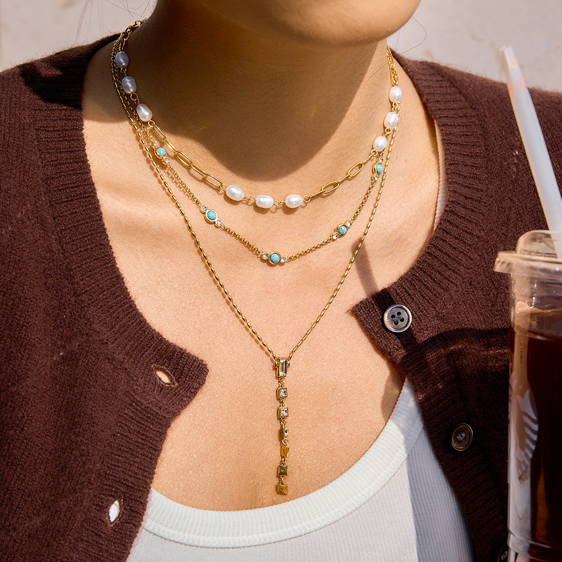 Minimalist Geometric Freshwater Pearl Titanium Steel Necklace PVD Gold Plated Stainless Steel Pendant for Women