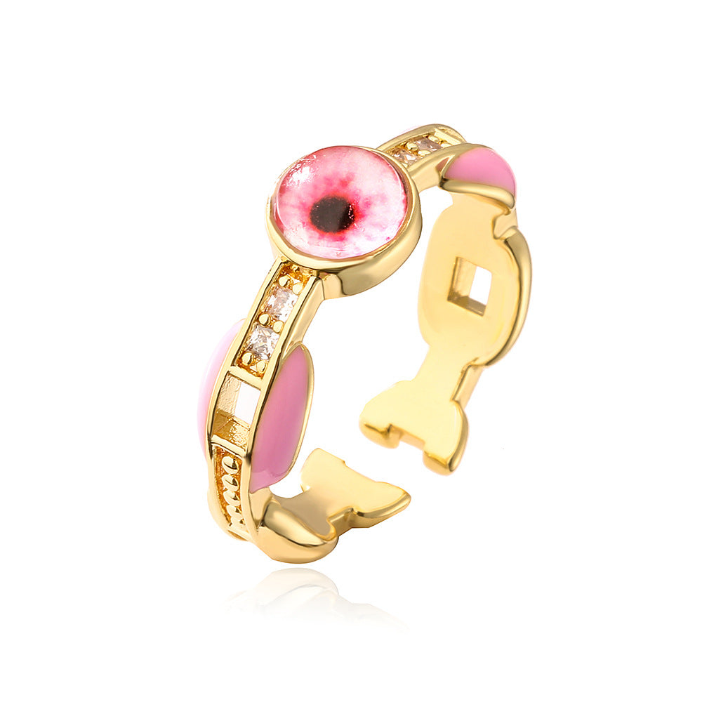 Minimalist Geometric Eye-Shaped Copper Ring with 18K Gold Plating and Enamel Finish for Women