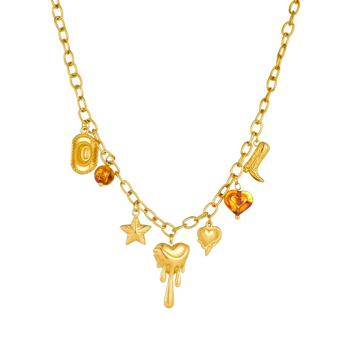 Vintage Gold Plated Stainless Steel Heart and Star Pendant Necklace